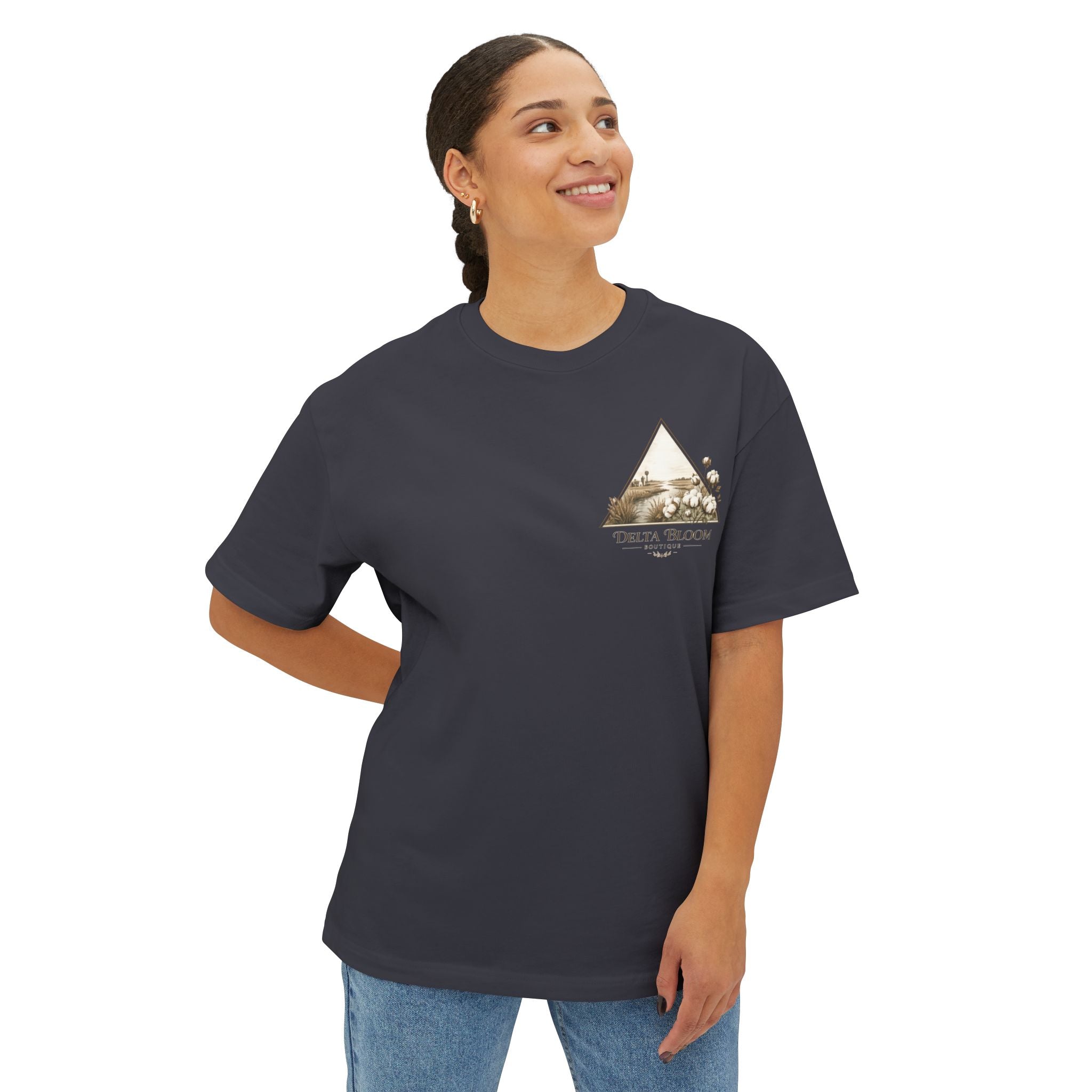 Delta Bloom Boutique Tee — Floral Triangle Logo Oversized T‑Shirt