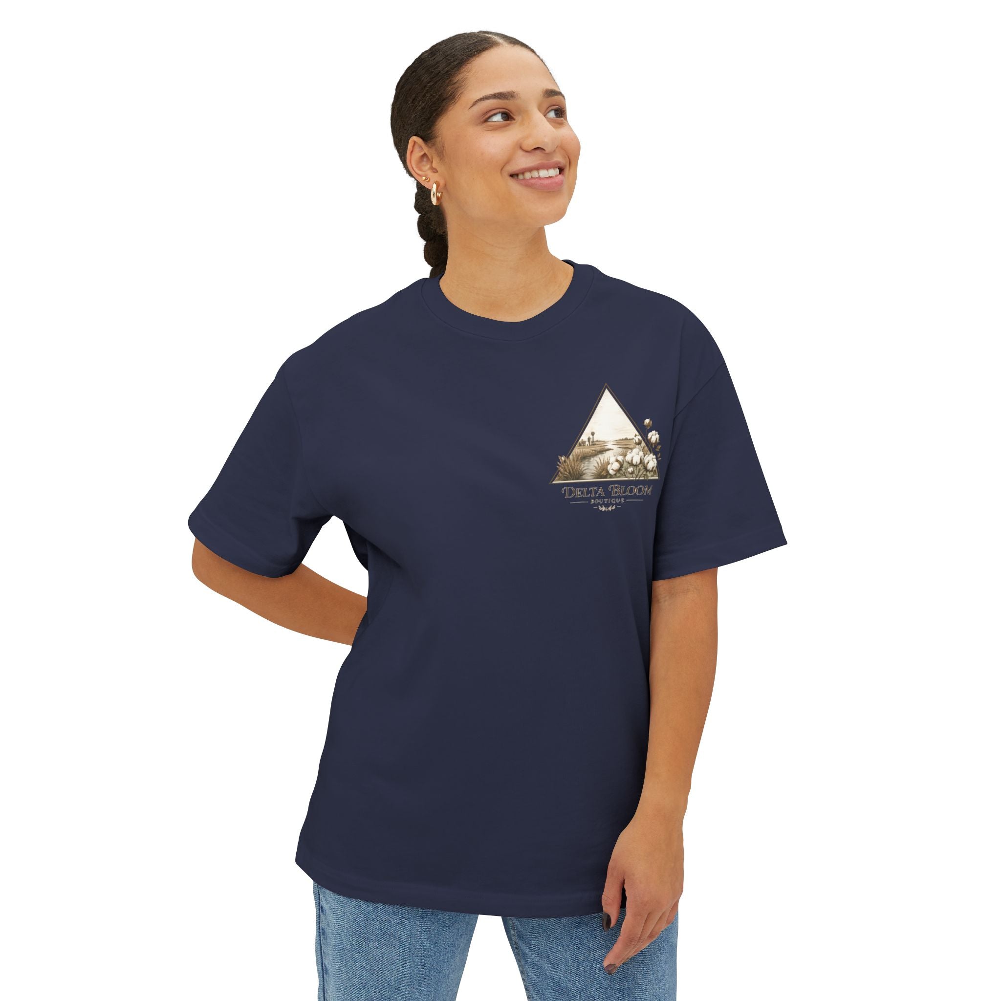 Delta Bloom Boutique Tee — Floral Triangle Logo Oversized T‑Shirt