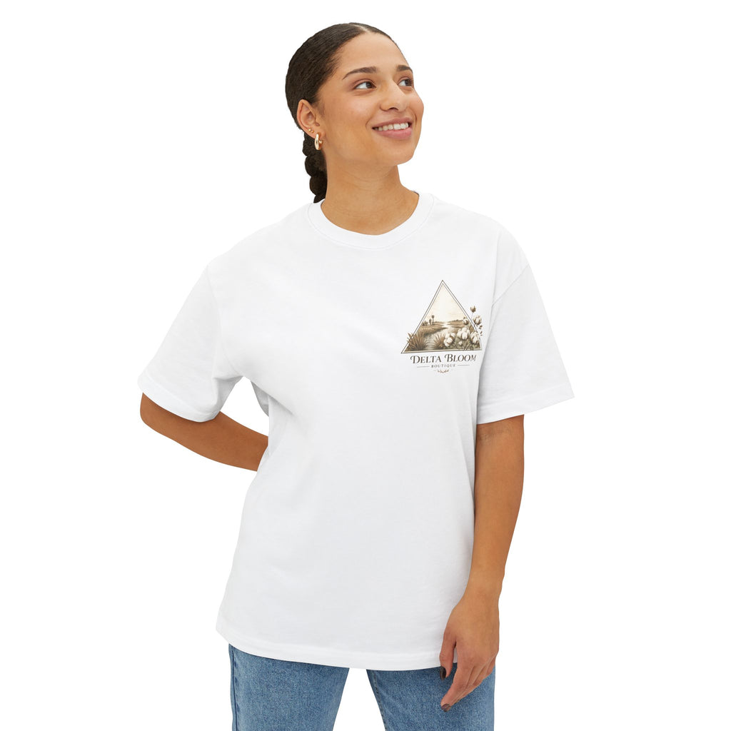 Delta Bloom Boutique Tee — Floral Triangle Logo Oversized T‑Shirt