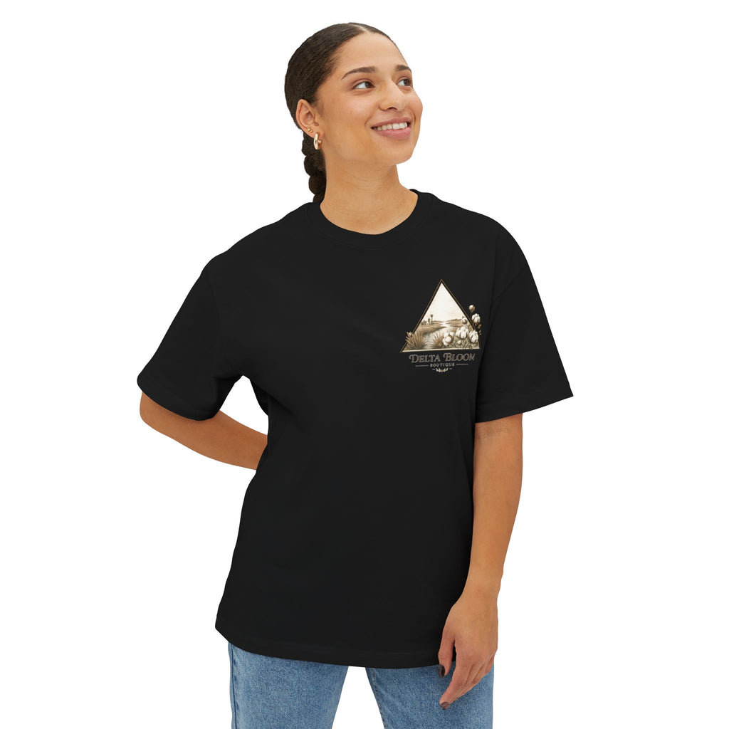Delta Bloom Boutique Tee — Floral Triangle Logo Oversized T‑Shirt