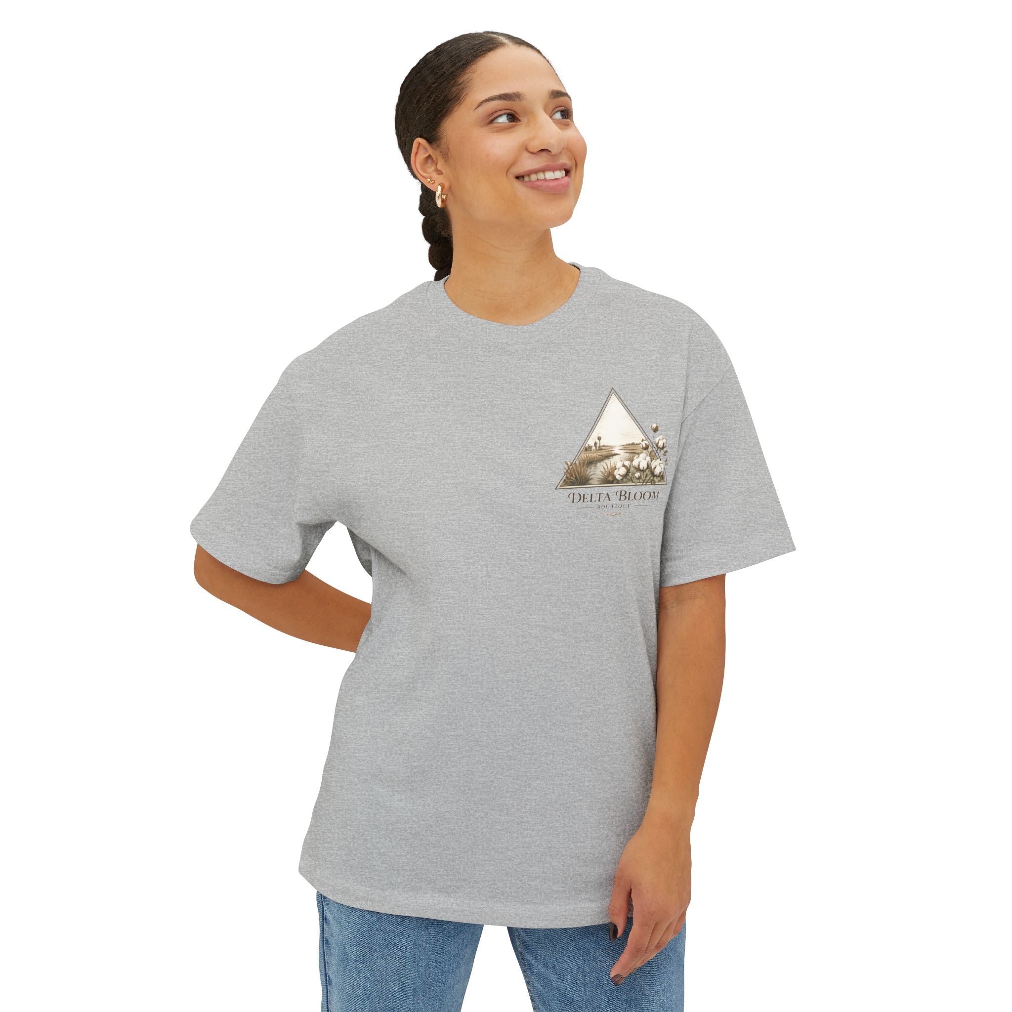 Delta Bloom Boutique Tee — Floral Triangle Logo Oversized T‑Shirt