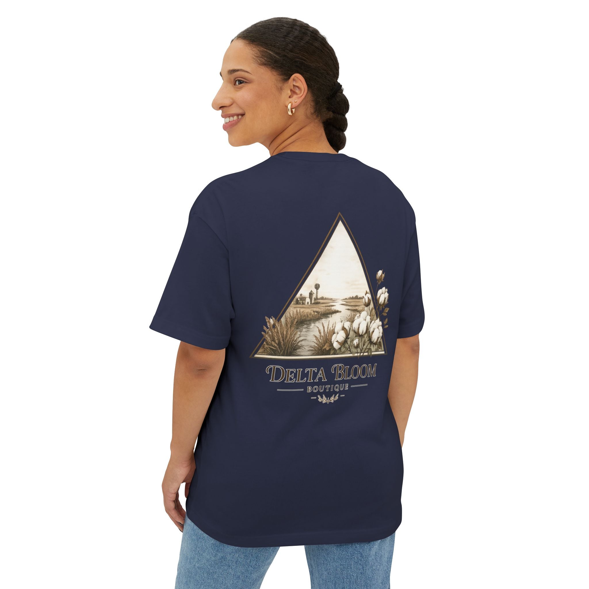 Delta Bloom Boutique Tee — Floral Triangle Logo Oversized T‑Shirt