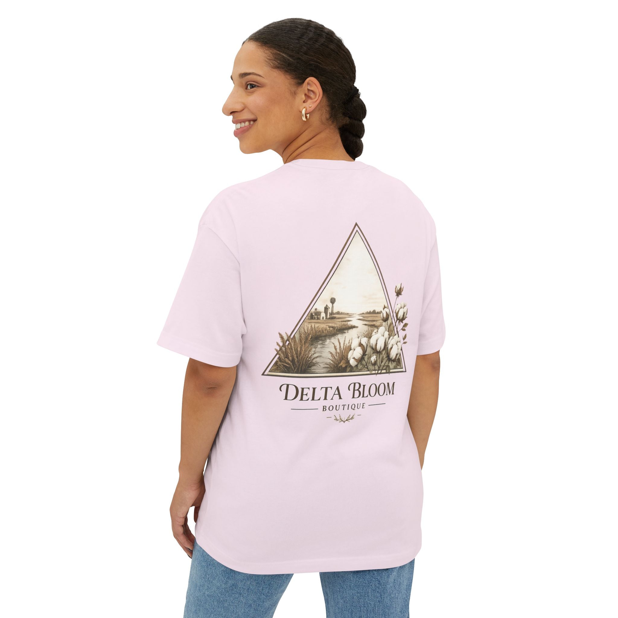 Delta Bloom Boutique Tee — Floral Triangle Logo Oversized T‑Shirt