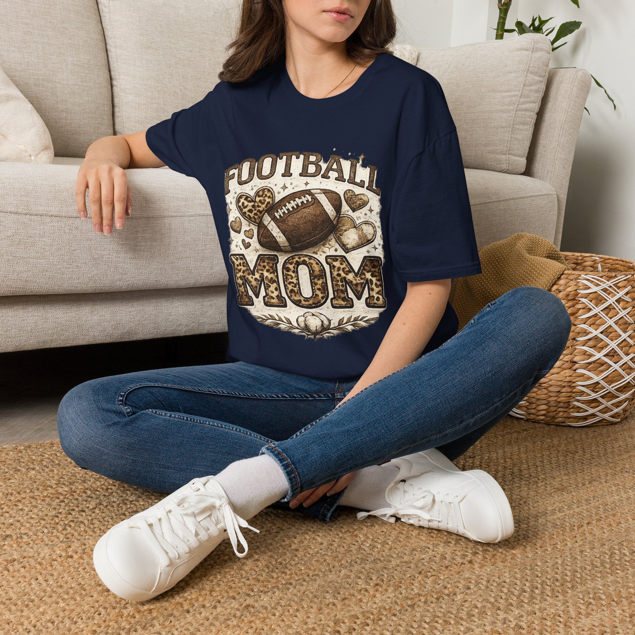 Football Mom T-Shirt — Leopard Heart Football Design