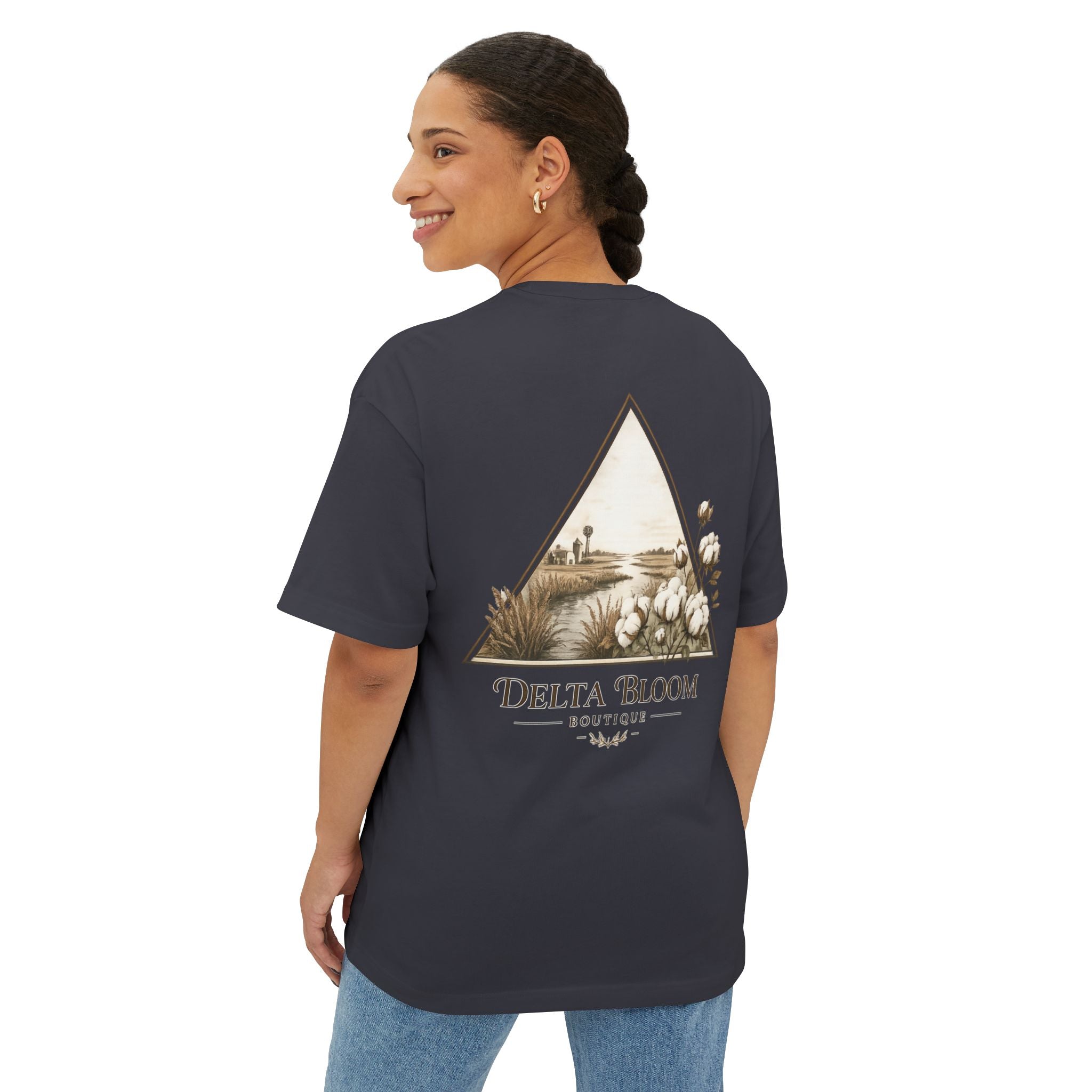 Delta Bloom Boutique Tee — Floral Triangle Logo Oversized T‑Shirt